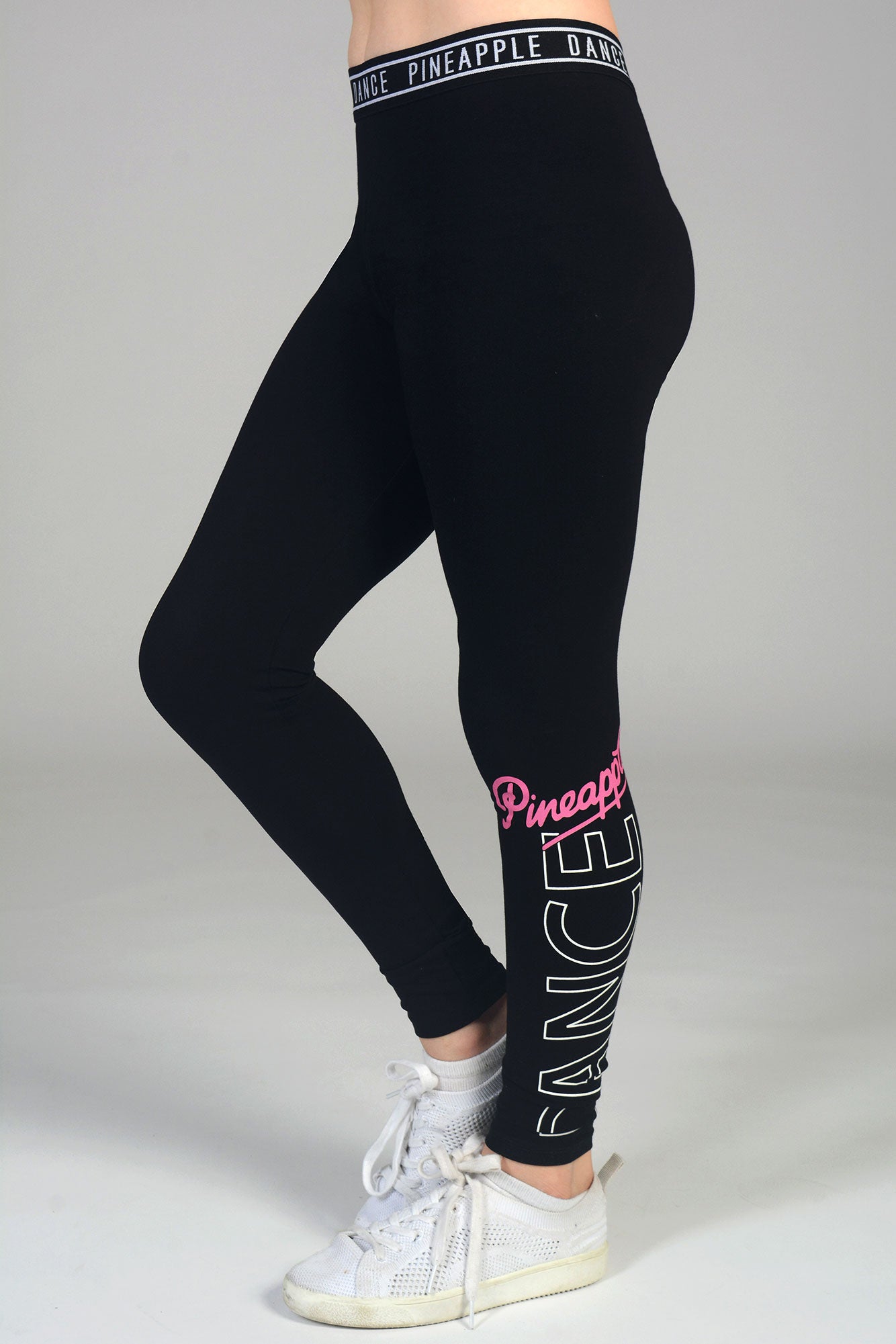 girls black leggings with dance logo and Pineapple logo