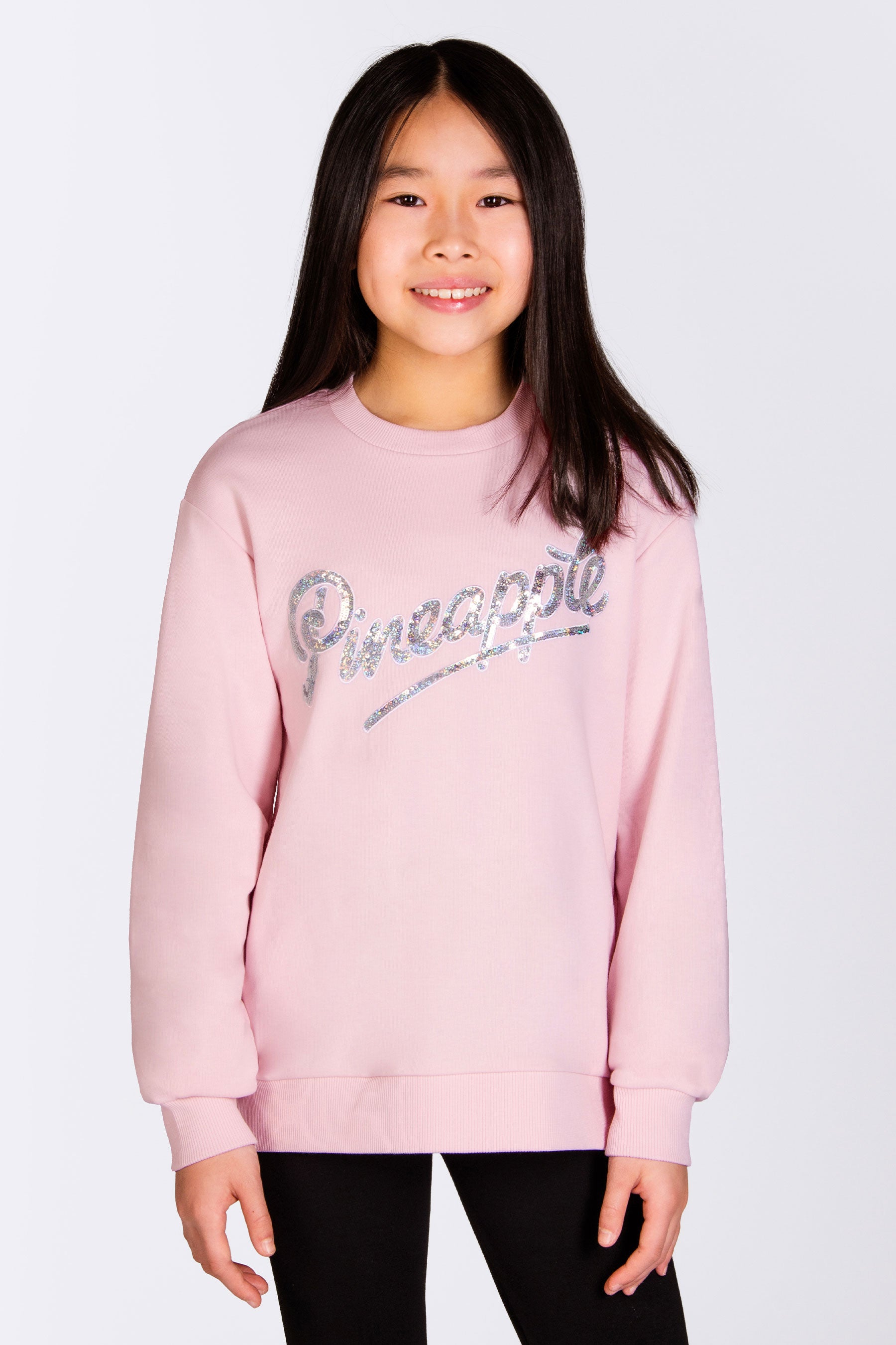 Pale pink sweatshirt for kids with sequin Pineapple chest print