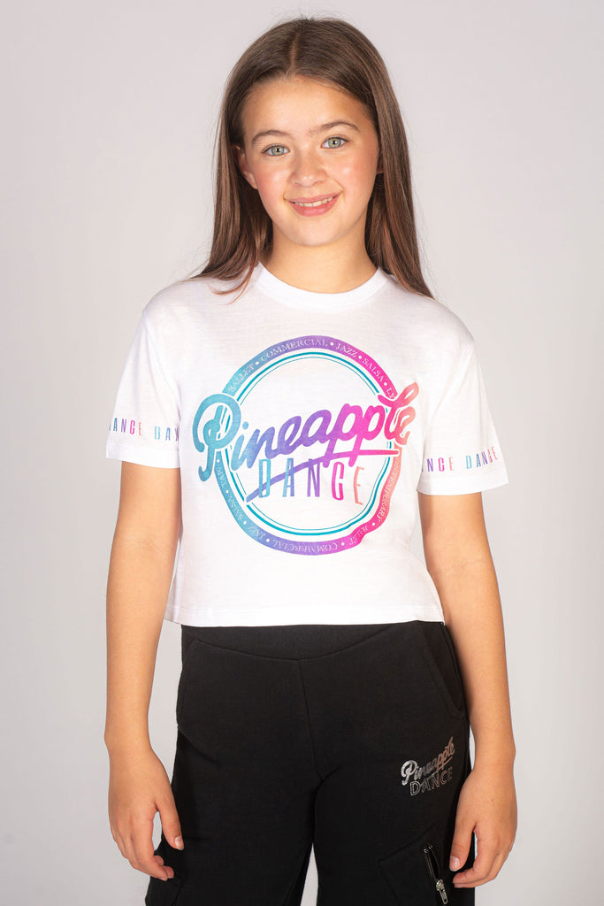 Girls' White Logo Crop TShirt with Rainbow Print Pineapple Dance