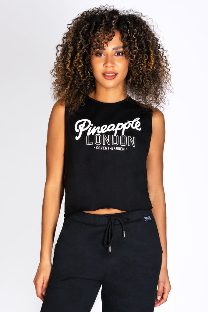 Women's Sleeveless Crop TShirt in Black Pineapple Dance Tops