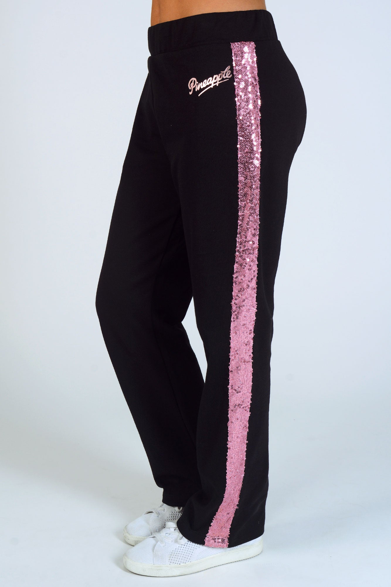 Girl wearing Pineapple Black Sequin Stripe Wide Leg Joggers