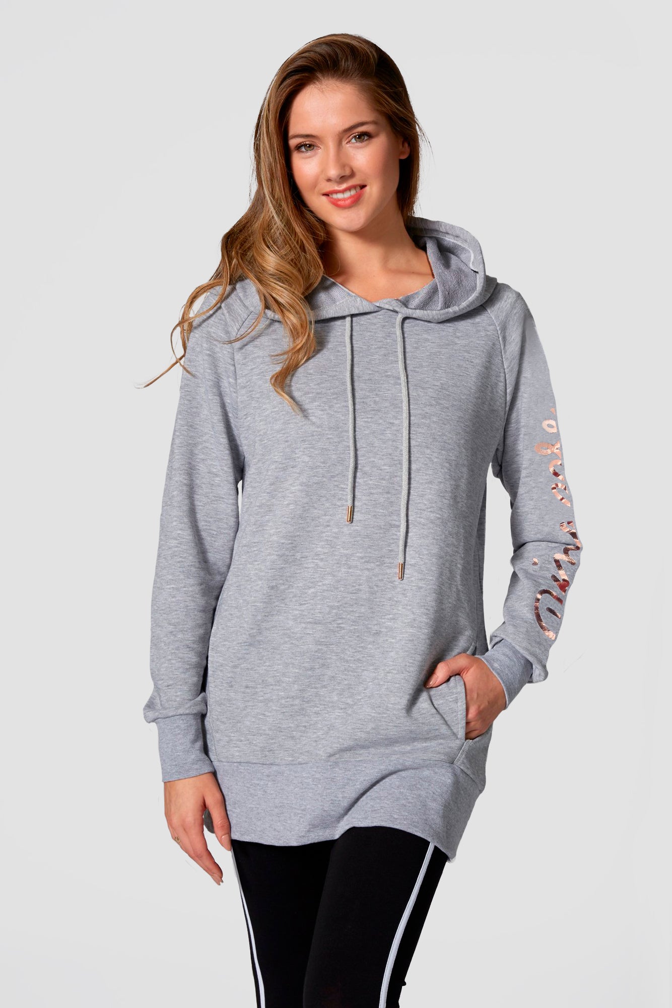 Woman wearing Pineapple grey Longline Hoodie