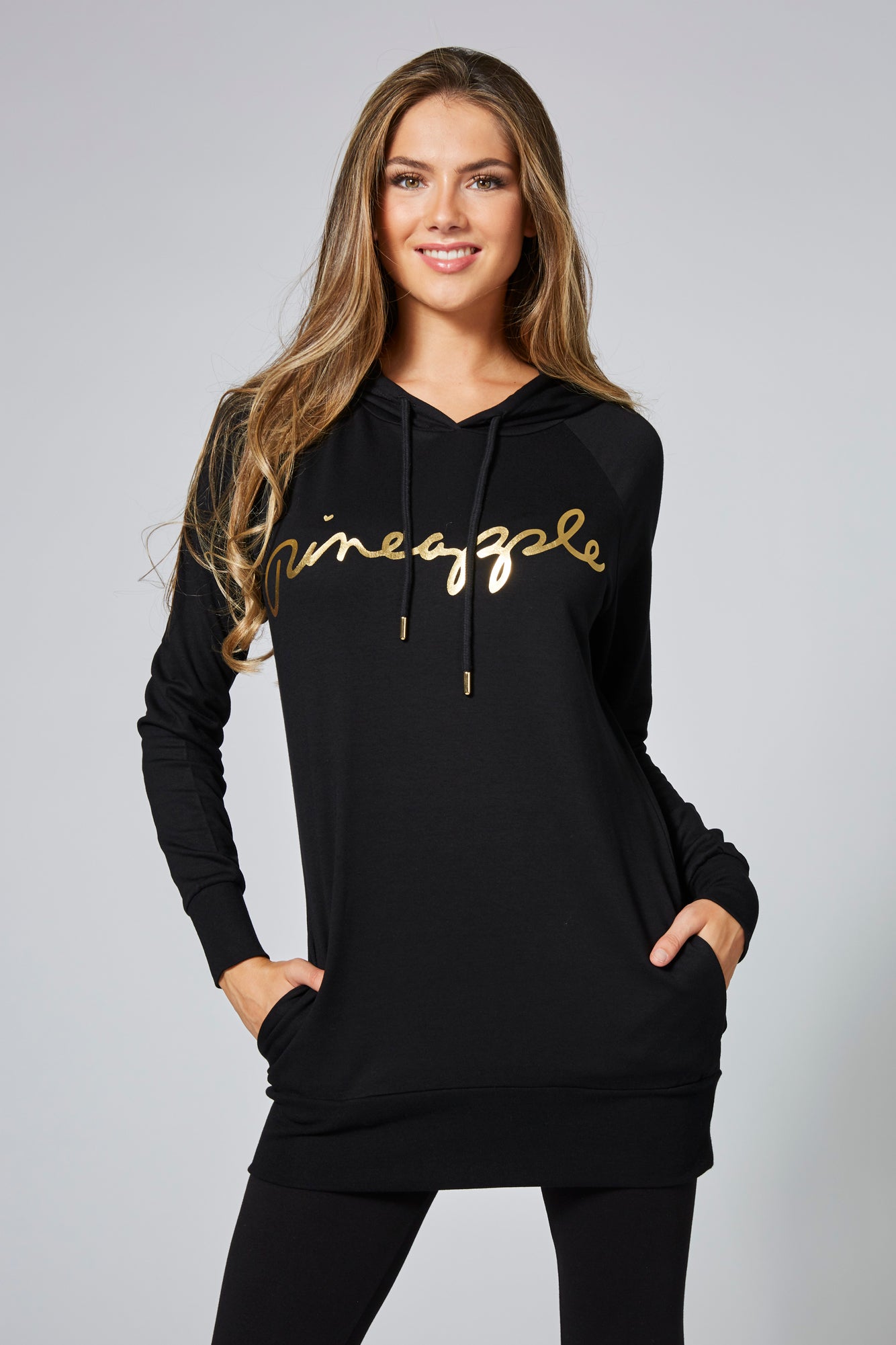 Woman wearing Pineapple Black Longline Hoodie