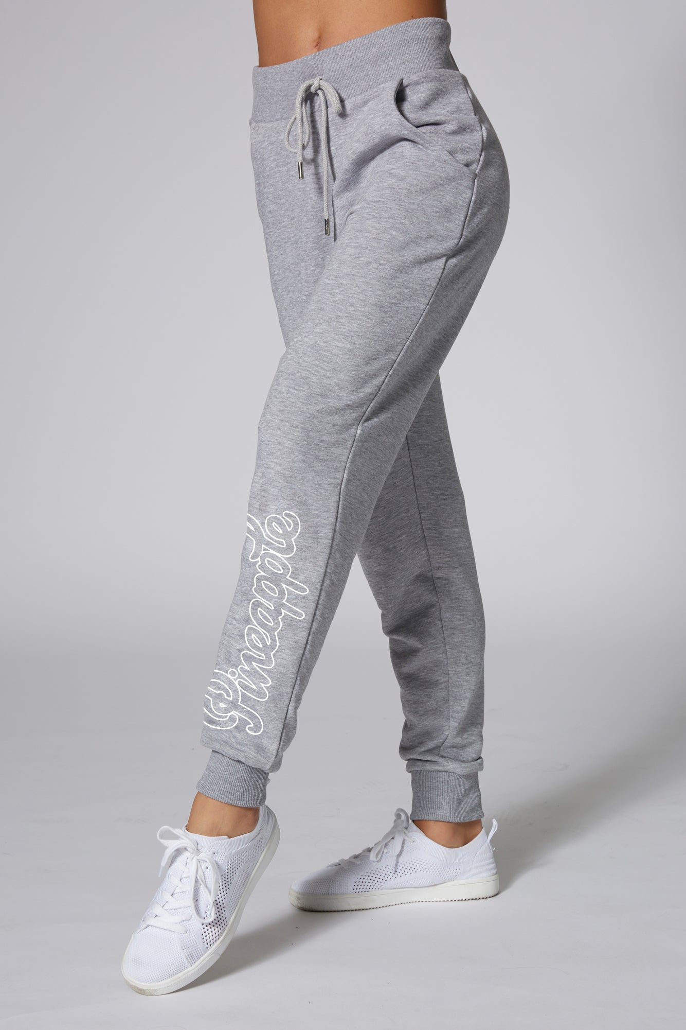 Woman wearing Pineapple Grey Loopback Joggers