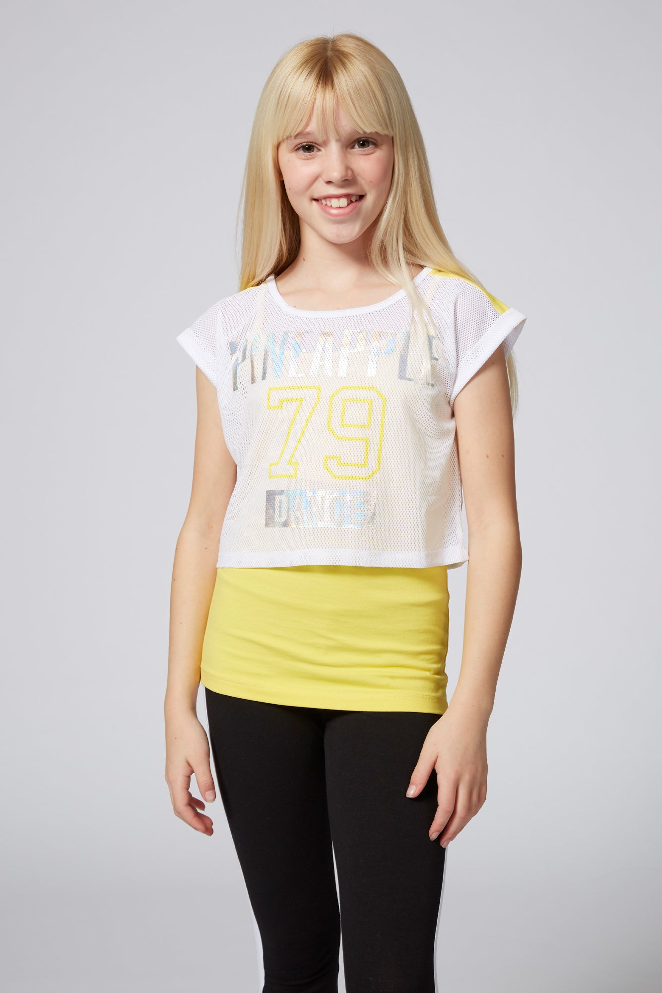 Girl wearing Pineapple Yellow Logo 79 Double Layer Top