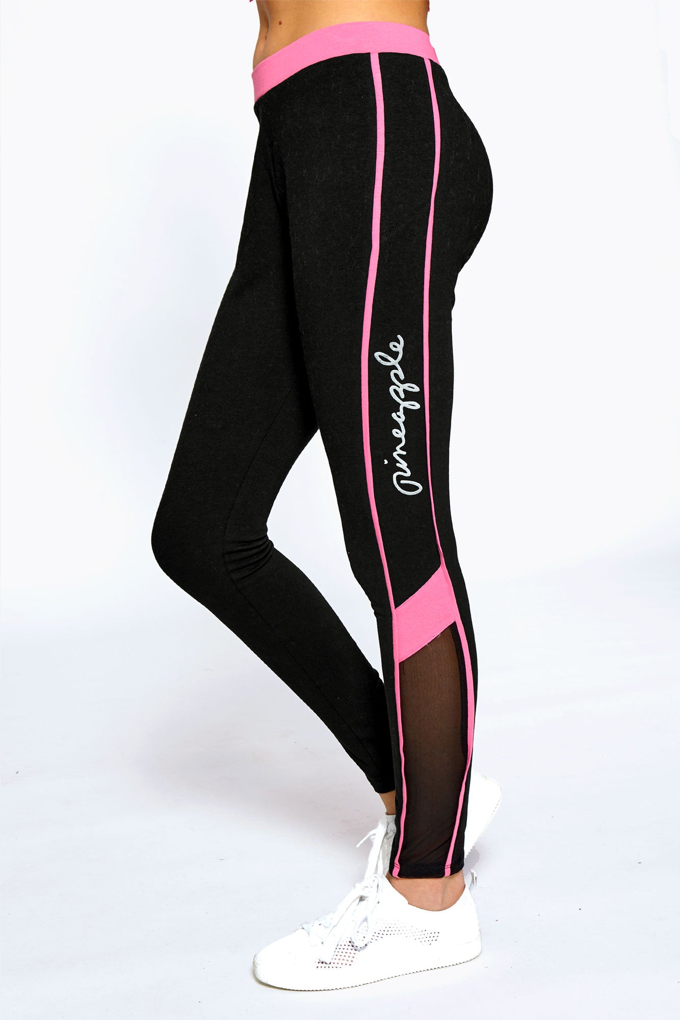 Girl wearing Pineapple Pink Piping Mesh Pocket Leggings