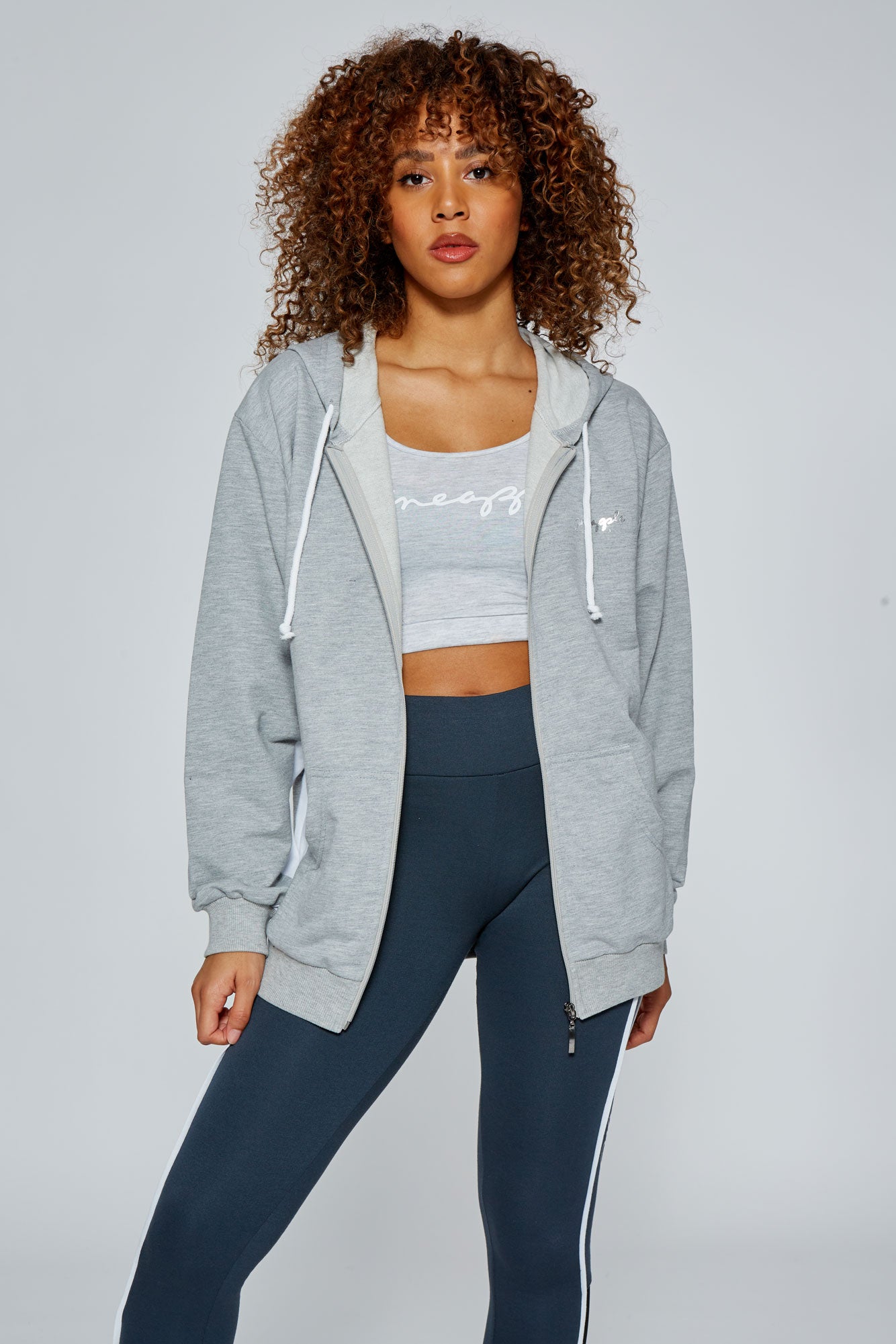 Woman wearing Pineapple Grey Marl Stripe Zip Hoodie