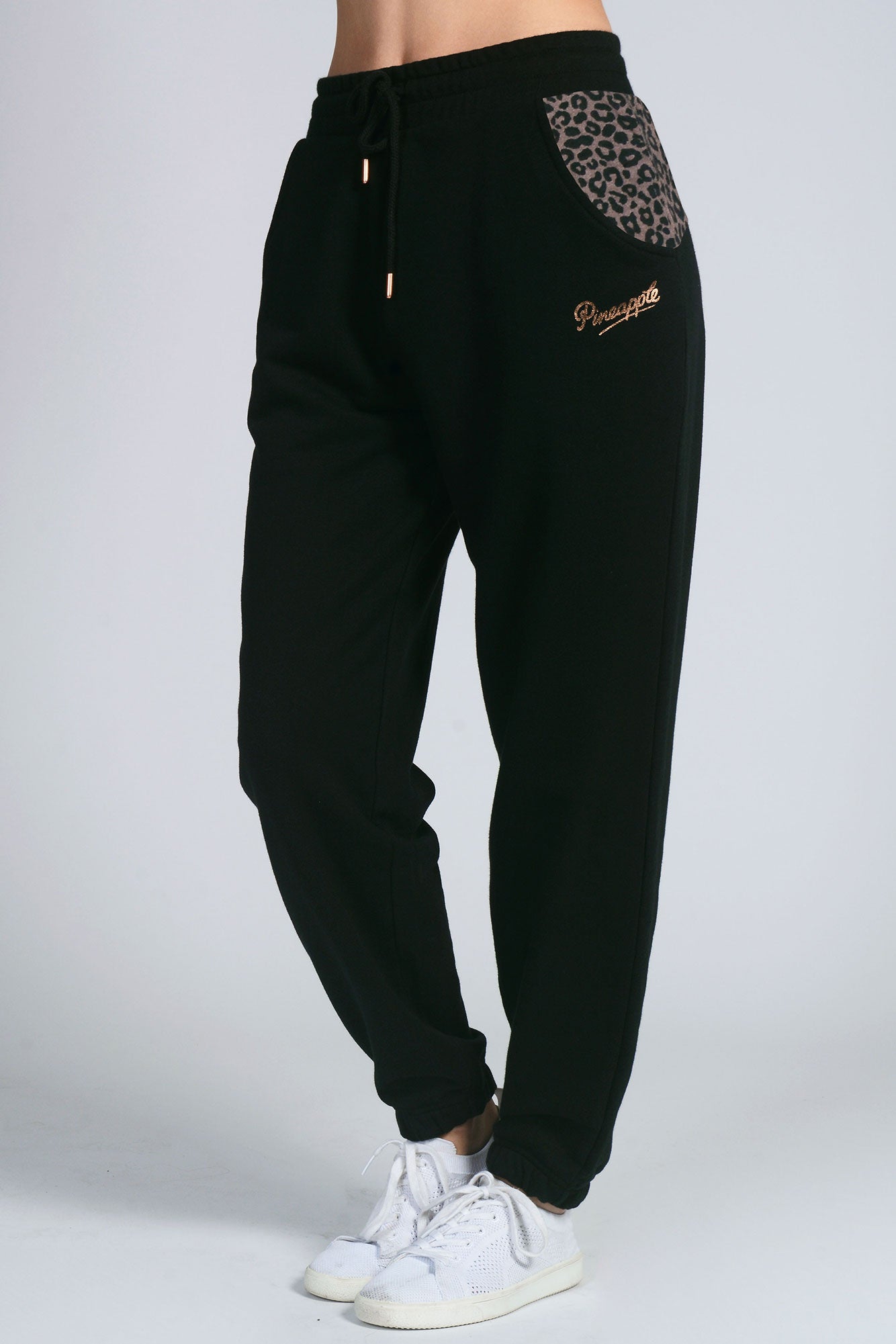 Woman wearing Pineapple black Leopard Panel Cuff Joggers