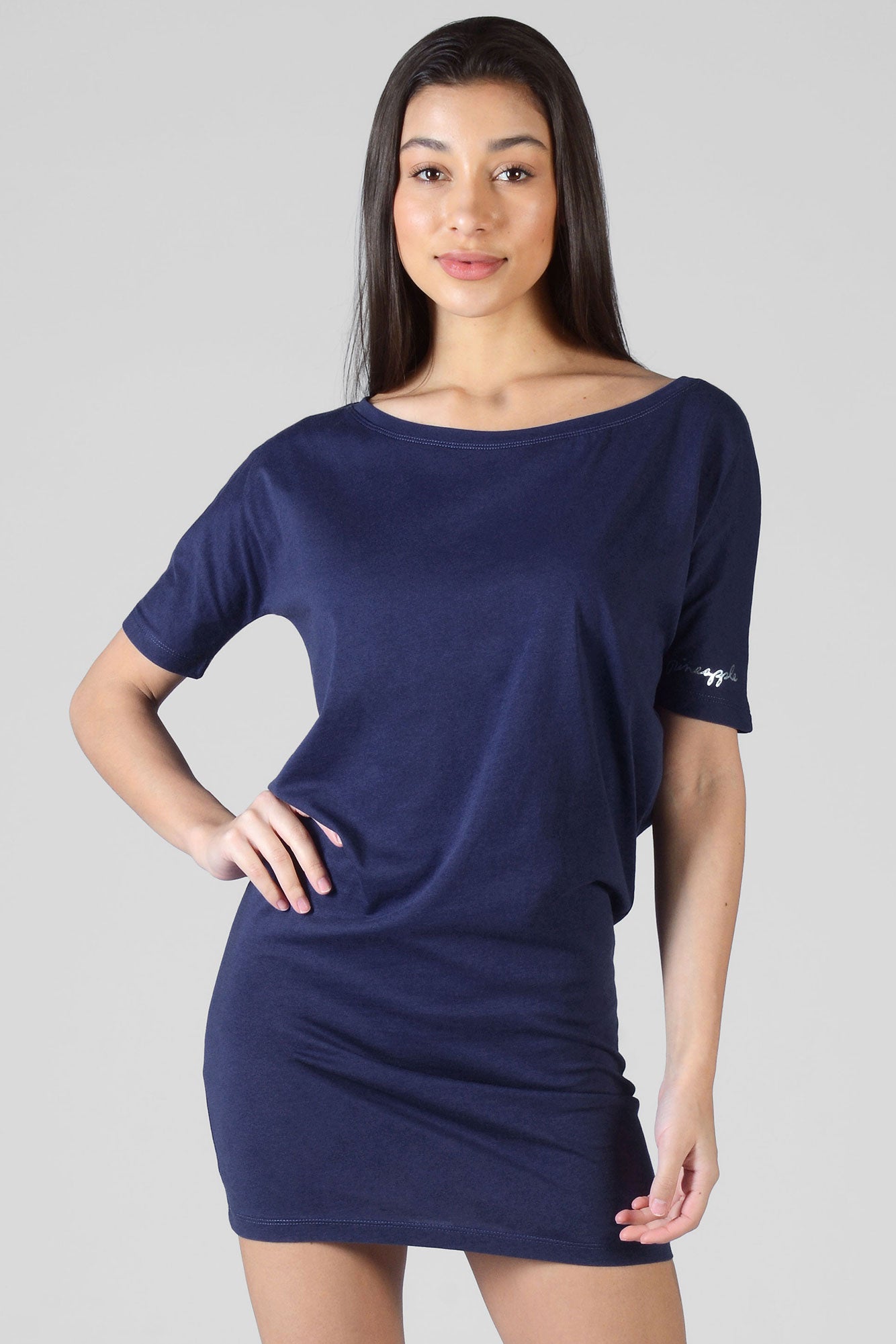 Woman wearing Pineapple navy blue Script T-Shirt Dress