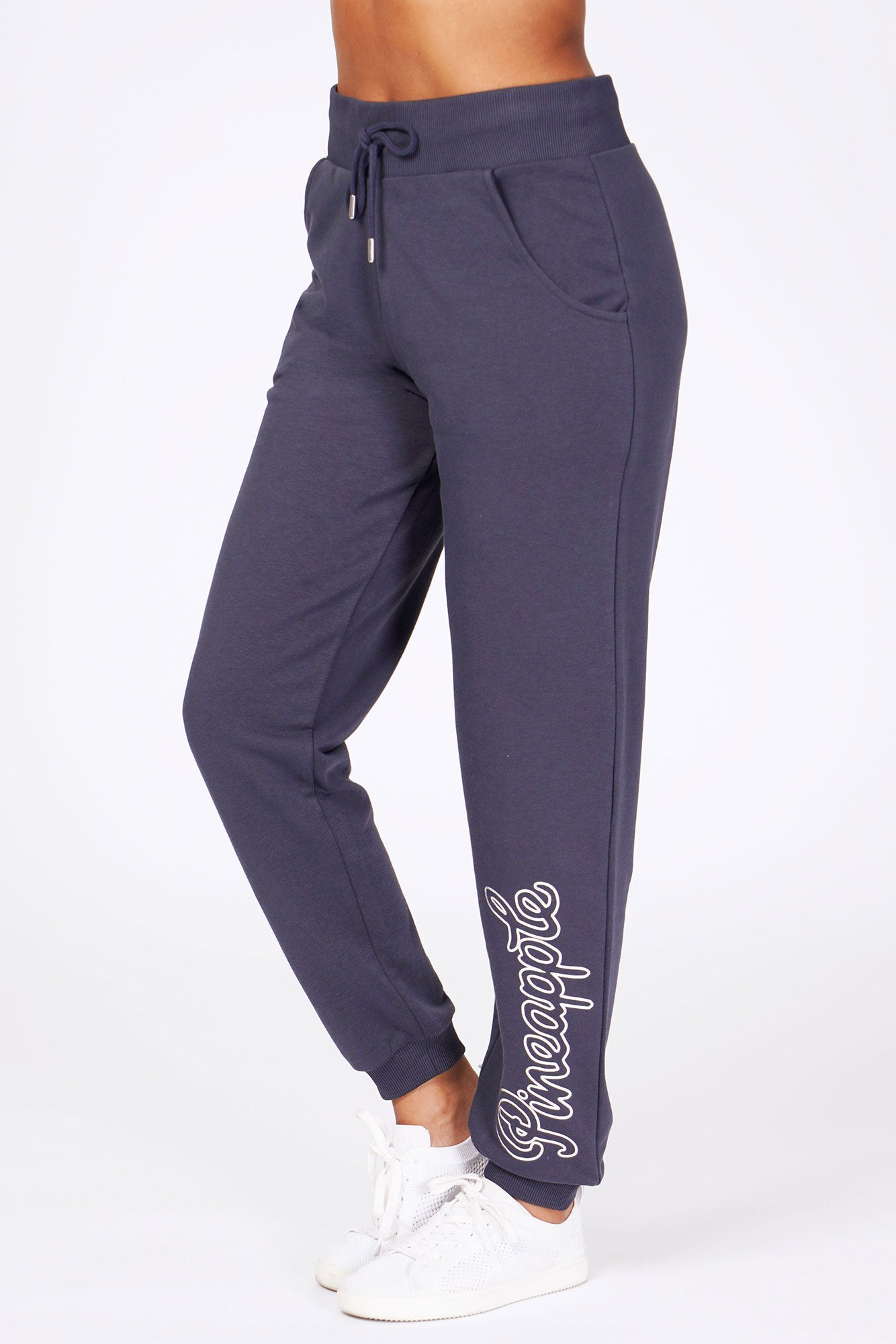 Woman wearing Pineapple Charcoal Loopback Joggers
