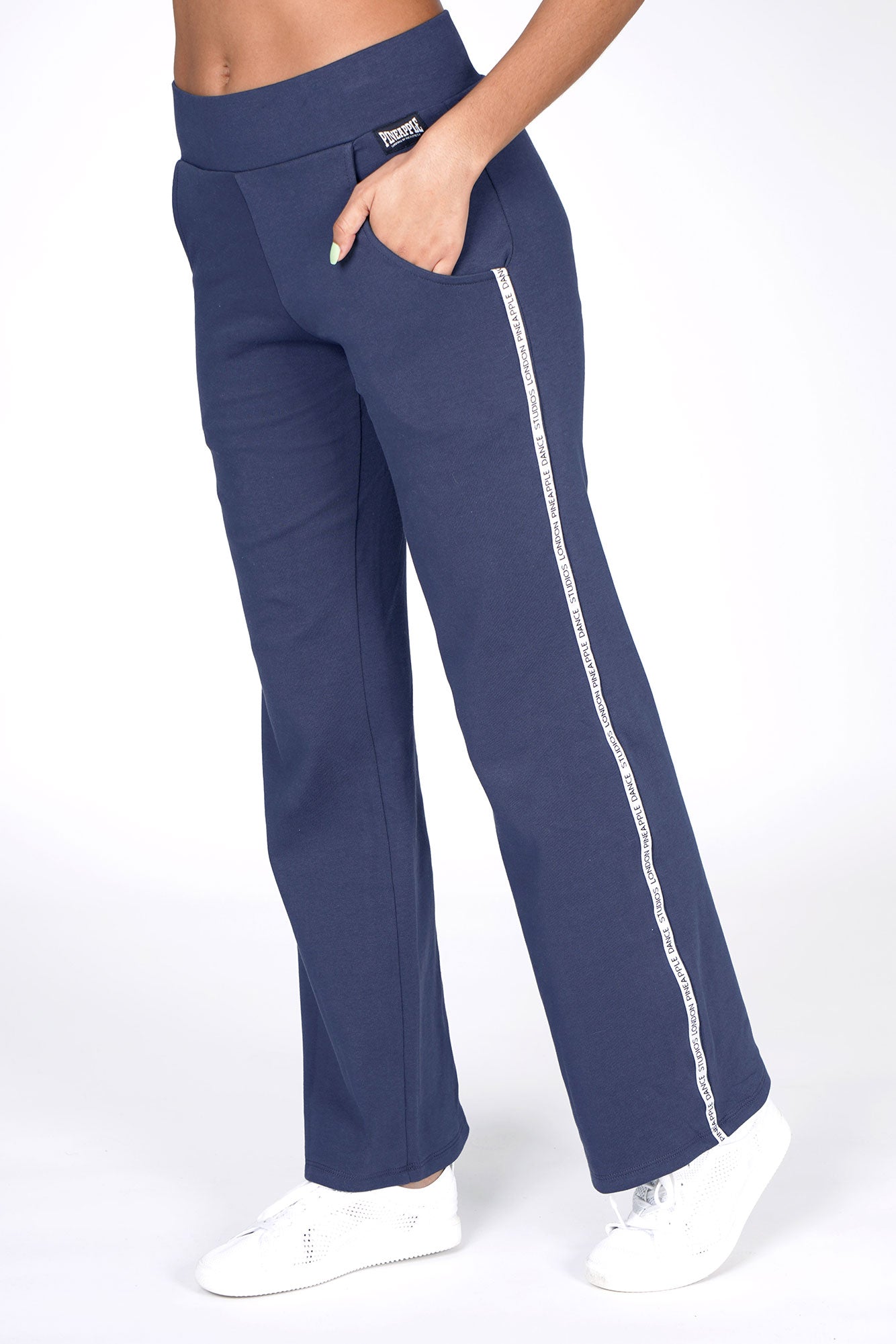 Woman wearing Pineapple Charcoal Straight Leg Stripe Trousers