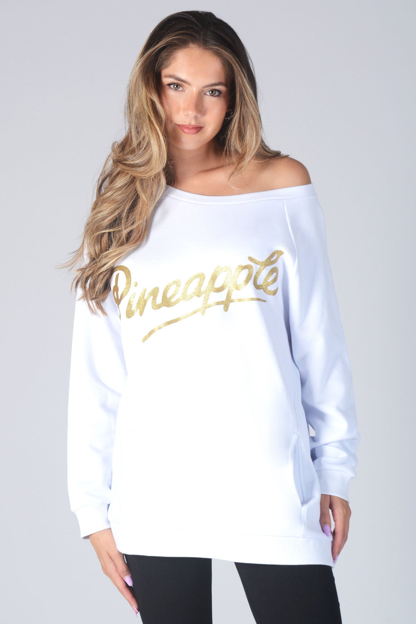 Woman wearing Pineapple white Glitter Logo Monster Sweater