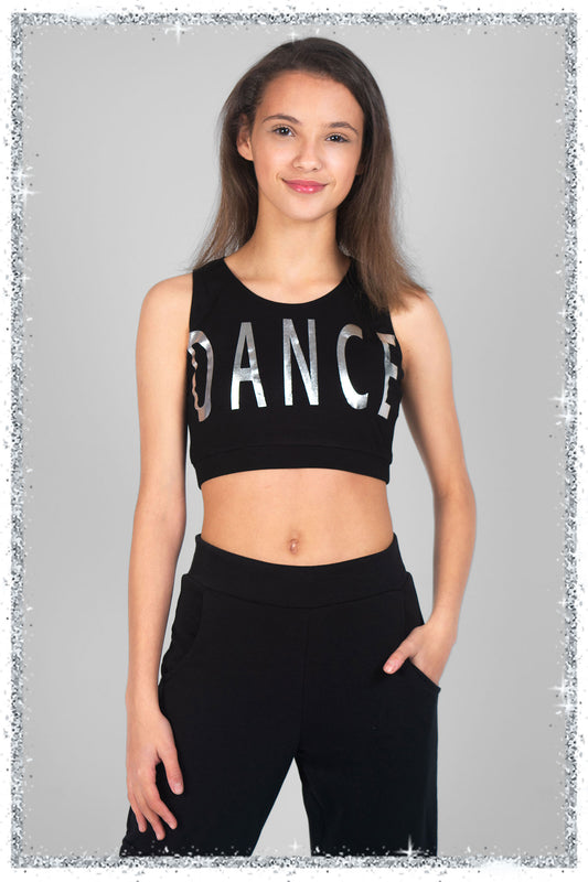 Person wearing a black 'DANCE' crop top on a gray background