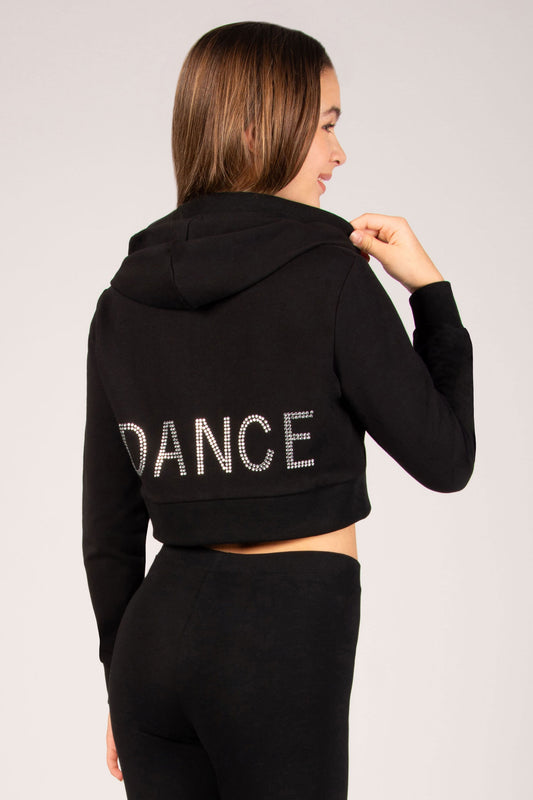 Black hoodie with 'DANCE' in rhinestones on the back, worn by a person against a plain background.