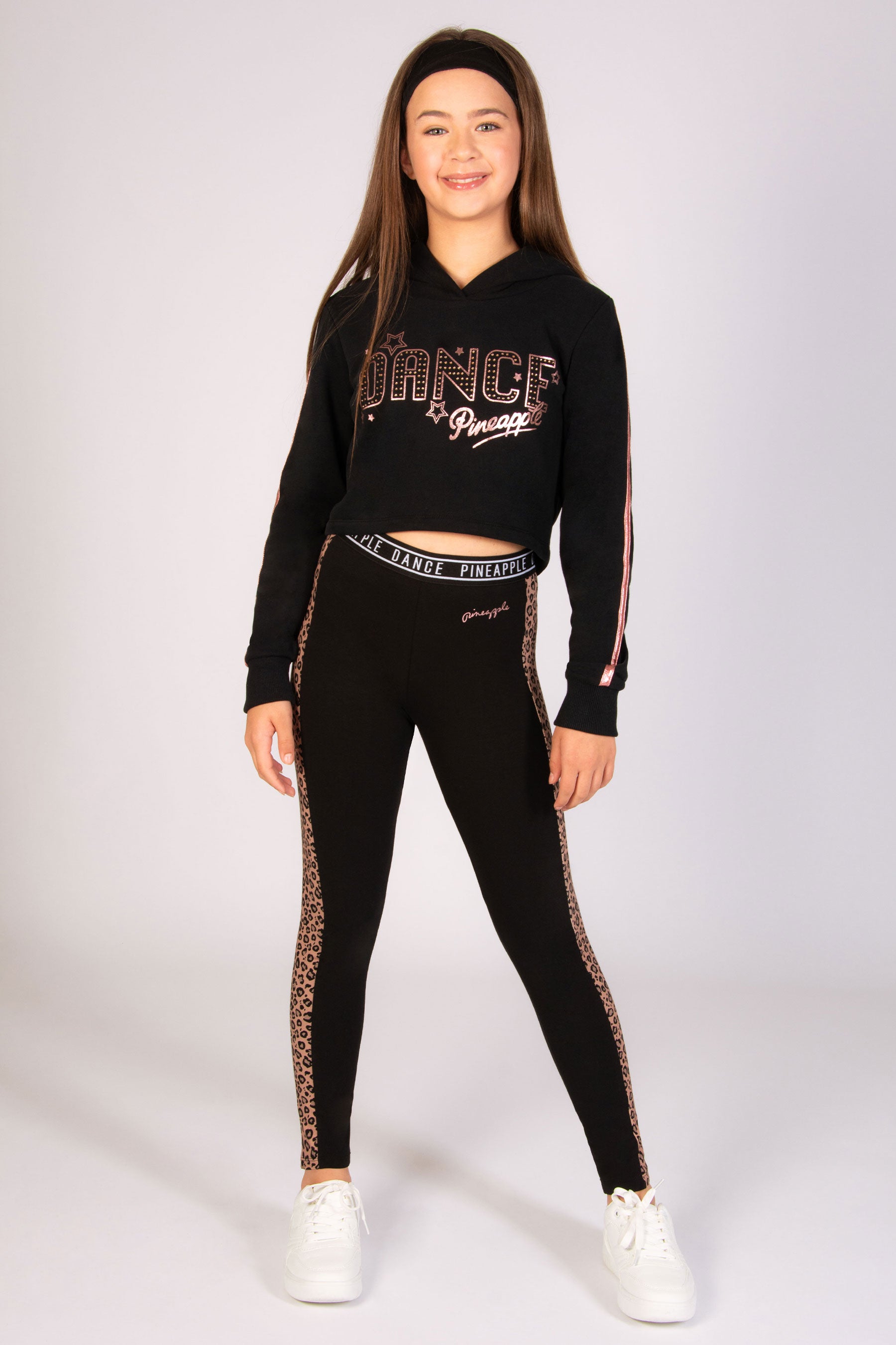Black crop hoodie for girls with Pineapple Dance chest print and silver foil detail