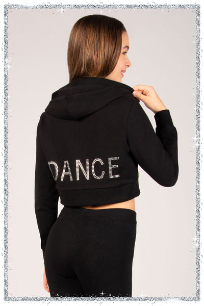 Black hoodie with 'DANCE' text on the back, worn by a person.