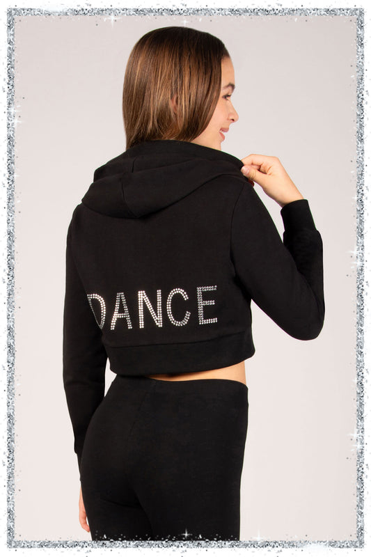 Black hoodie with 'DANCE' text on the back, worn by a person.