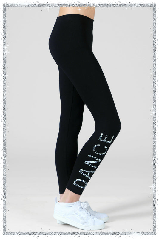 Black leggings with 'DANCE' text on a light gray background