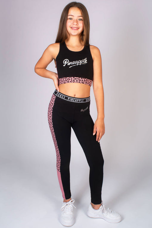 Girls' Black Leggings with Leopard Panel Pineapple Kids Activewear