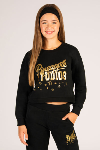 Girls' black sweat top with festive gold foil print 'DANCE'.