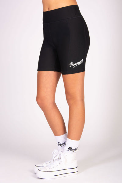 Black rib cycling shorts with elasticed waistband and small white branding on the left leg.