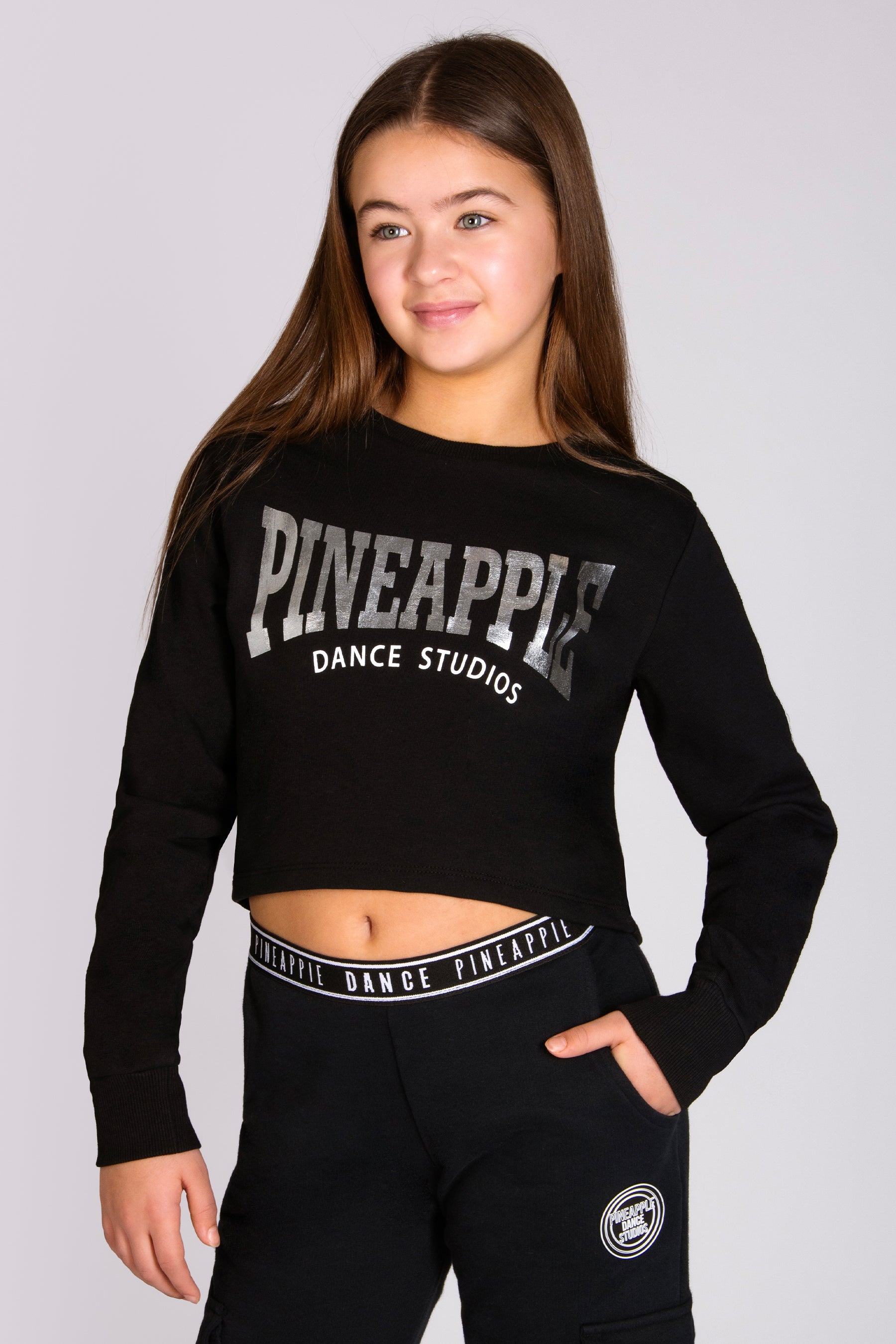 PINEAPPLE Dancewear Monroe Long Sleeve Crop Top Black Sheer Mesh