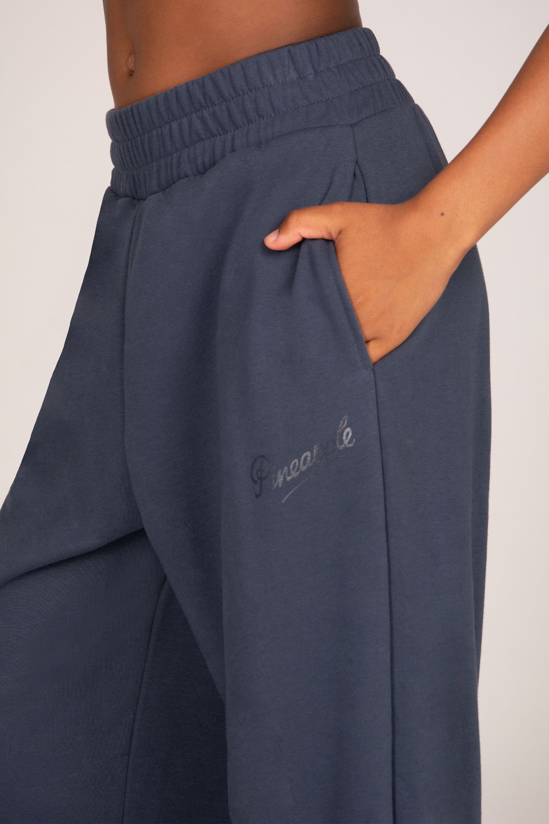 Close-up of a person wearing dark grey wide-leg sweatpants with an elastic waistband and side pocket, holding a hand in the pocket.