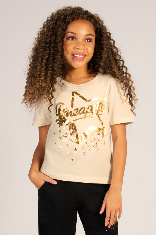 Kids' cream t-shirt with gold stars print, a festive Christmas staple for a young dancer's wardrobe.
