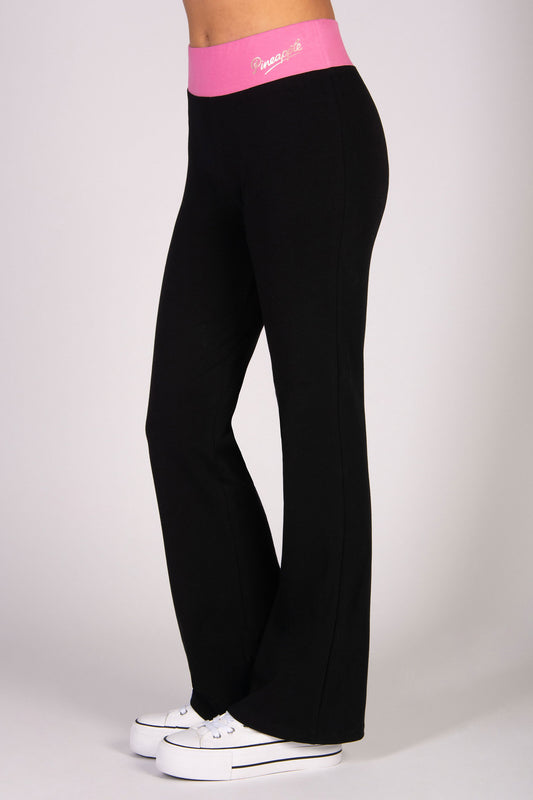 girls' black bootcut flare jesrey trousers with contrasting pink elasticated waistband. 