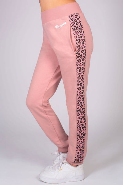Comfortable pink joggers for girls with pockets and decorative leopard print paneling along the leg