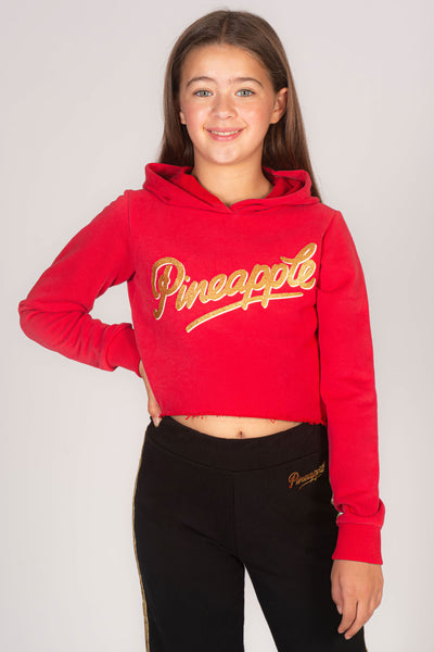 Girls' red Christmas hoodie with gold glitter decoration across the chest!