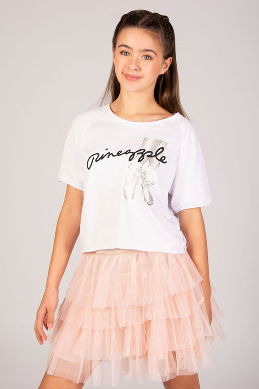 Girls' short sleeve white ballet t-shirt with pointe shoe print by Pineapple Dance Studios