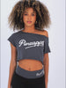 woman wearing Pineapple retro crop top in grey with matching black leggings