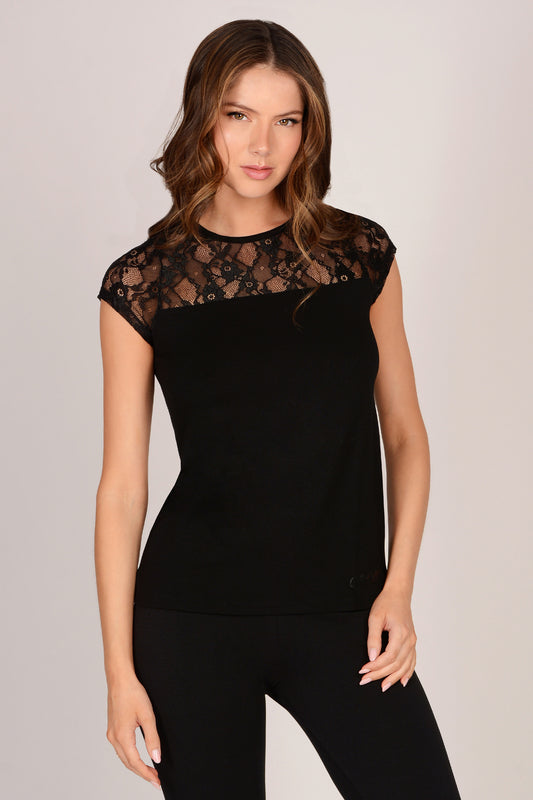 Lace Panel Short Sleeve Top