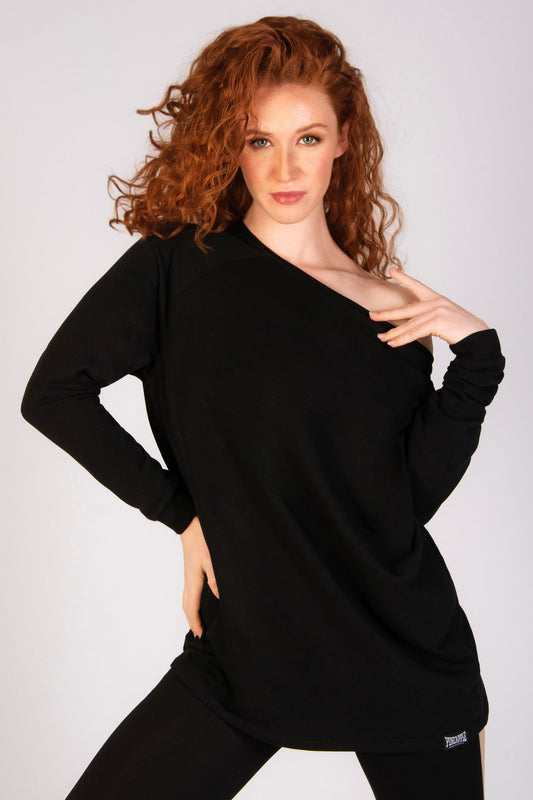 Women's black off shoulder sweatshirt in longline shape