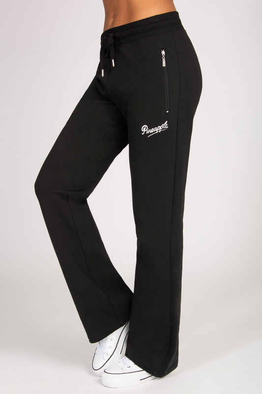 Black sweatpants with zip pockets a brand logo on a white background