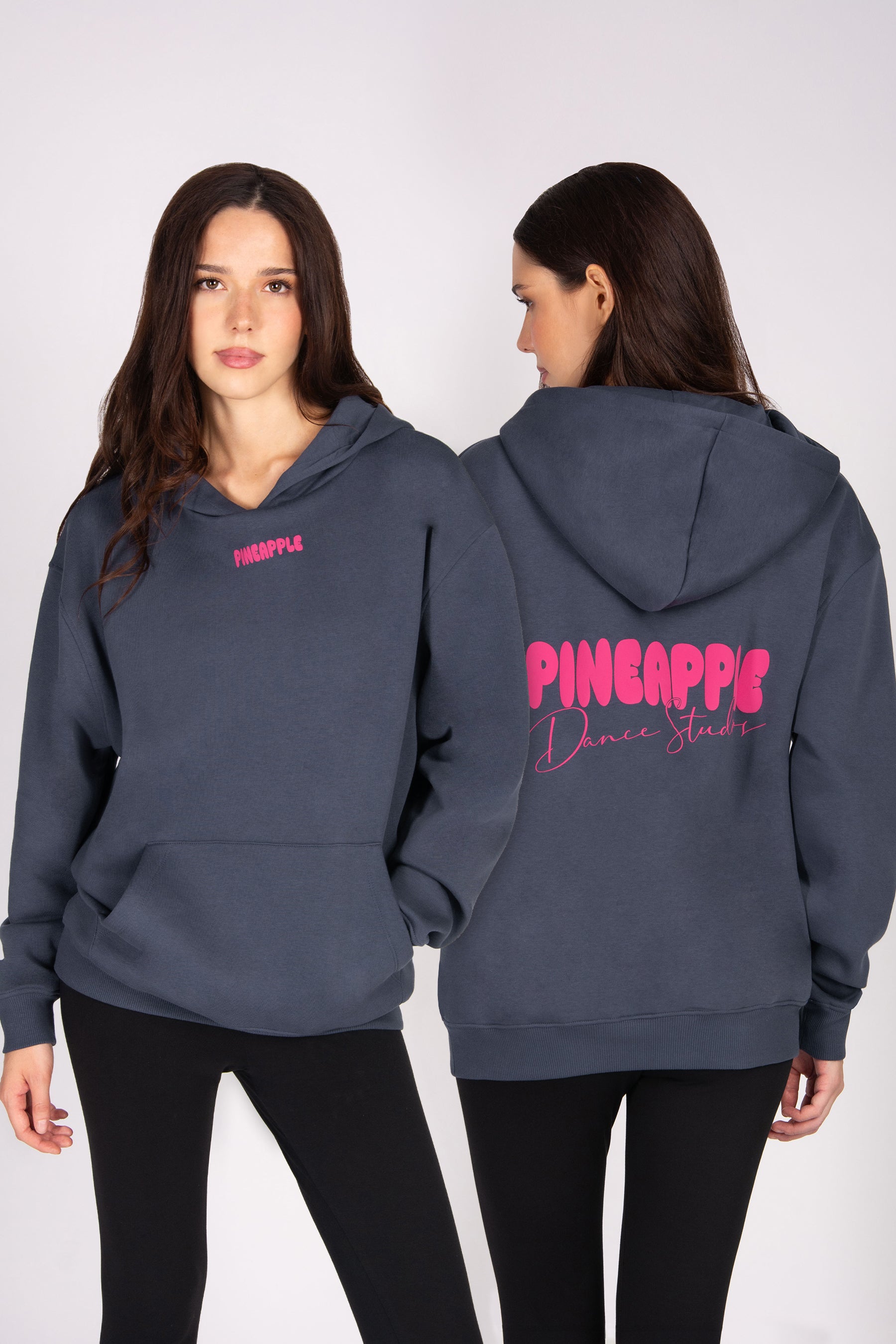 Person wearing a gray hoodie with pink text, shown from front and back on a white background