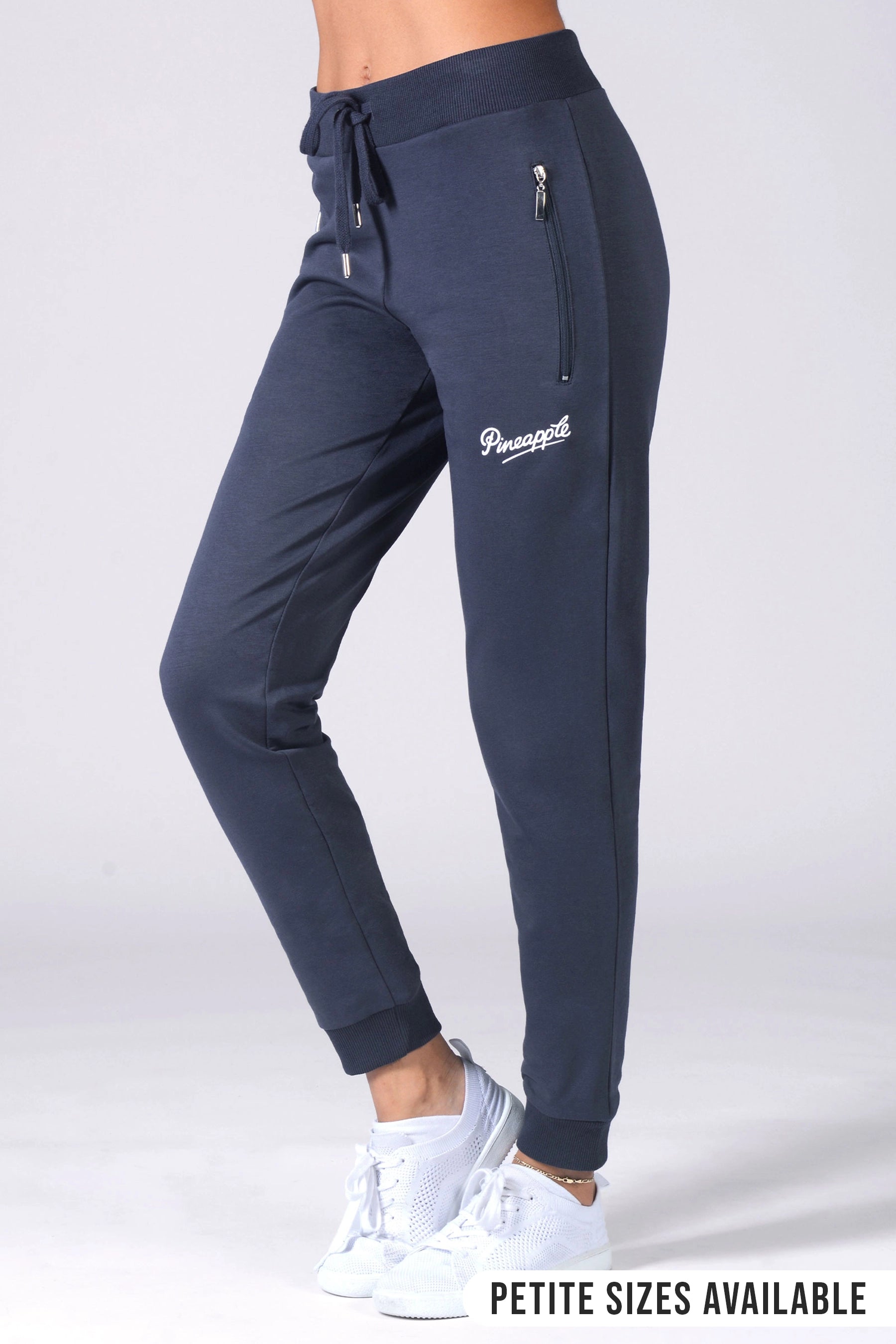 women's dark grey joggers with zip side pockets and drawcord waistband