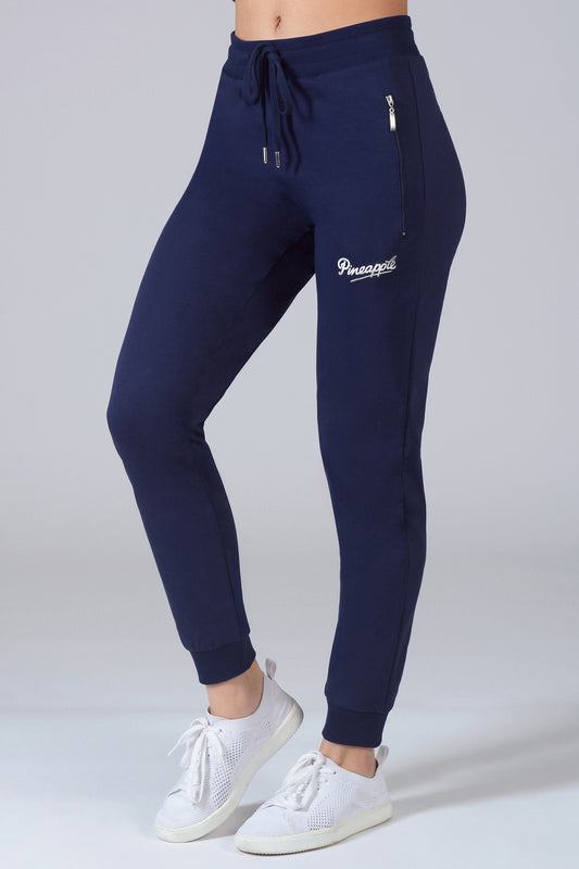women's dark navy skinny joggers with zip pockets and drawstring waistband