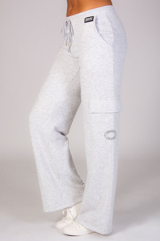 Women's light grey wide leg cargo trousers with 4 pockets and drawcord waistband.