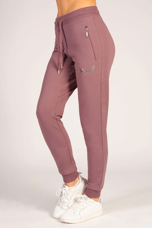 Women's joggers with zip side pockets, elasticated drawcord waistband in a lovely raisonette colour.