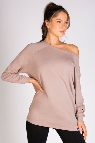 Off-shoulder cappuccino sweat top for women in a longer fit with off-shoulder shape.