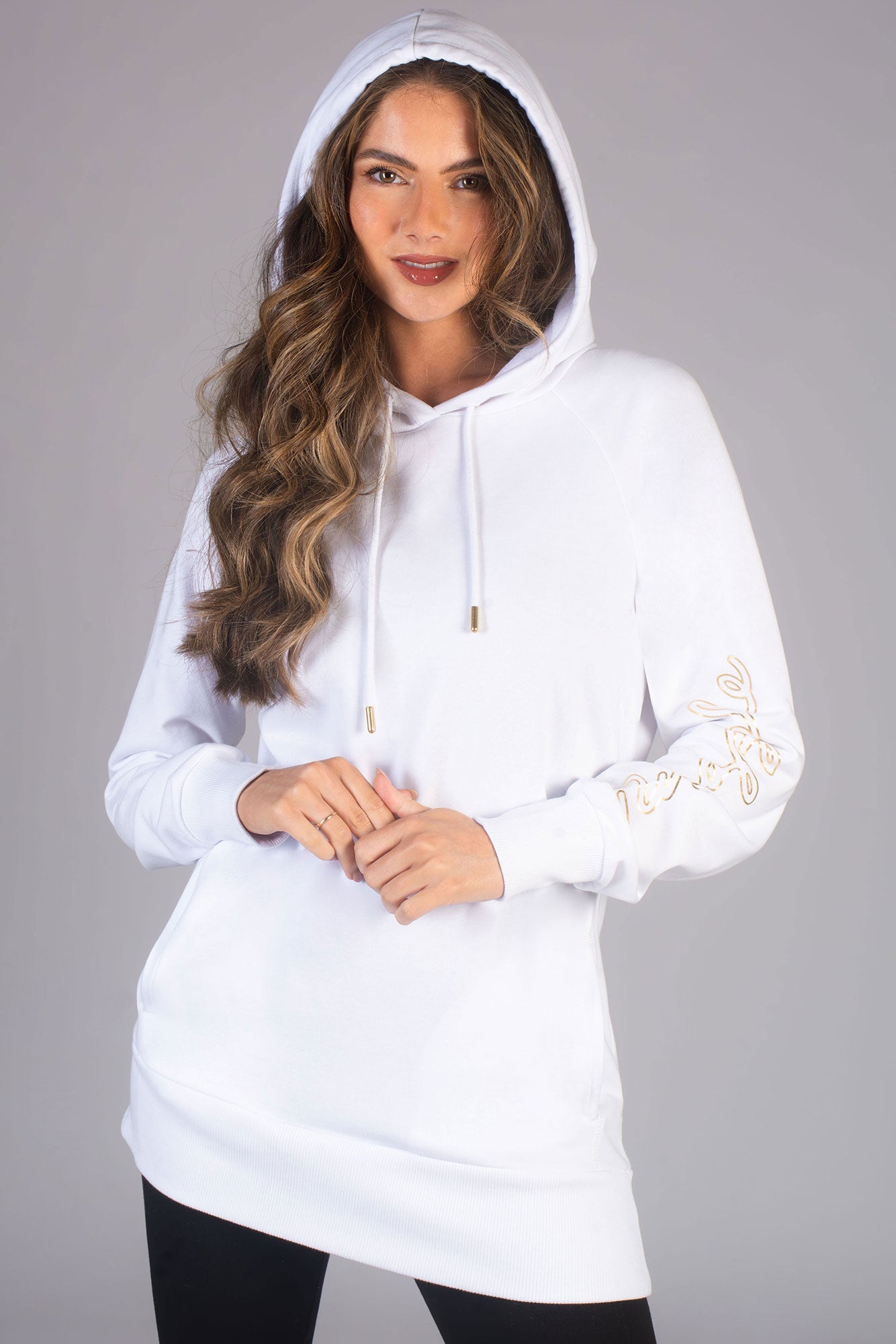 Women's White Longline Hoodie with Gold Logo