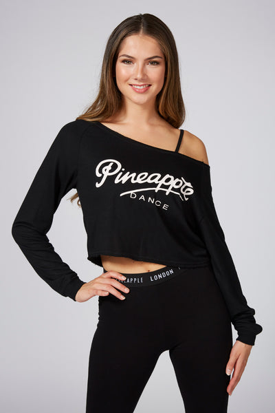Woman wearing Pineapple Black Retro Off Shoulder Crop Top