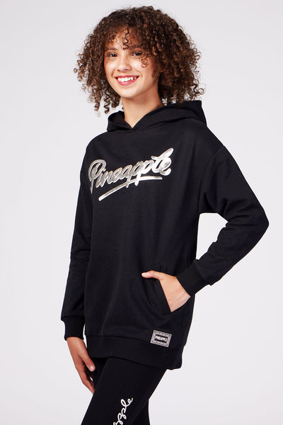 Girl wearing Pineapple Black Longline Logo Hoodie