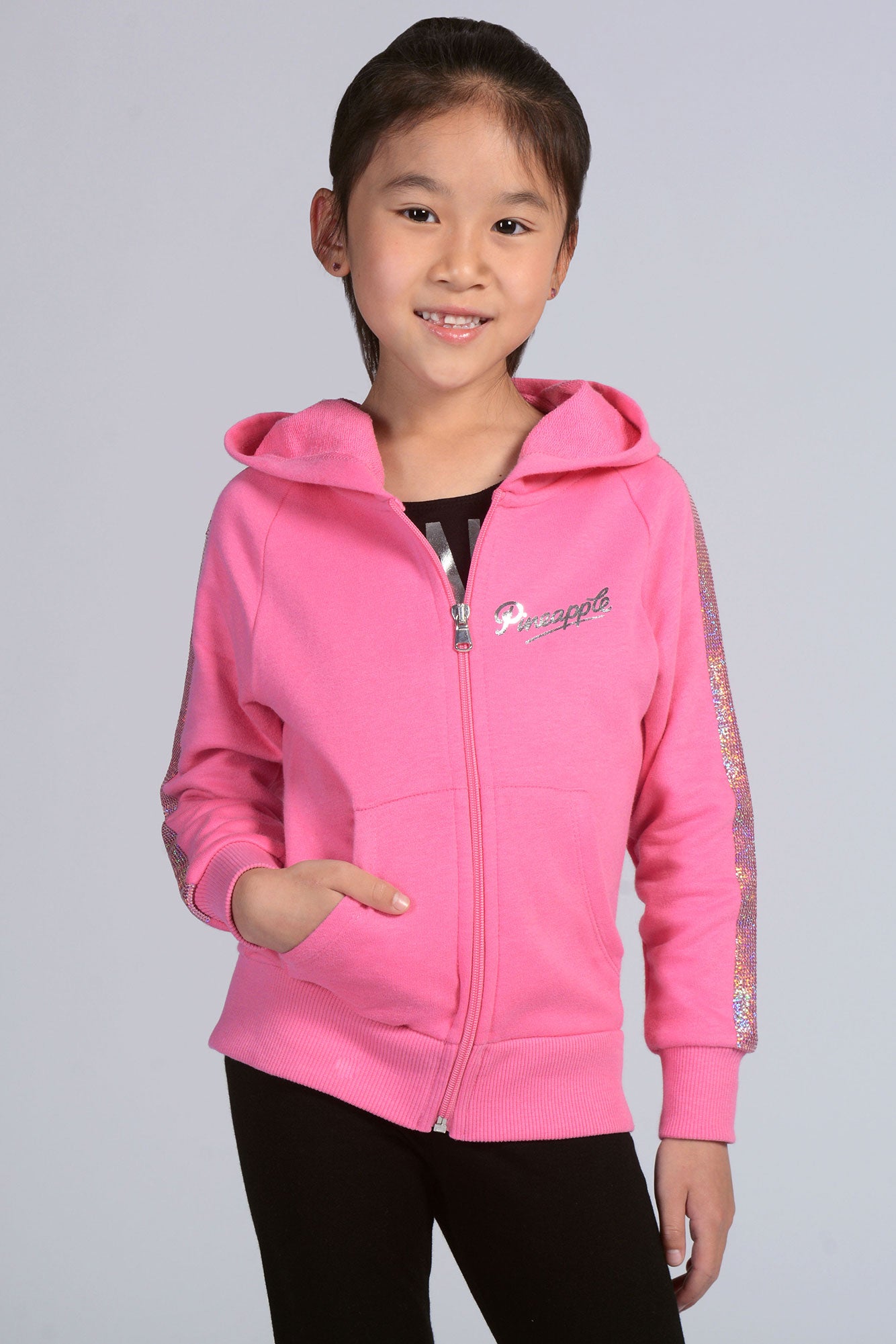 Girl wearing Pineapple pink Sequin Stripe Zip Hoodie