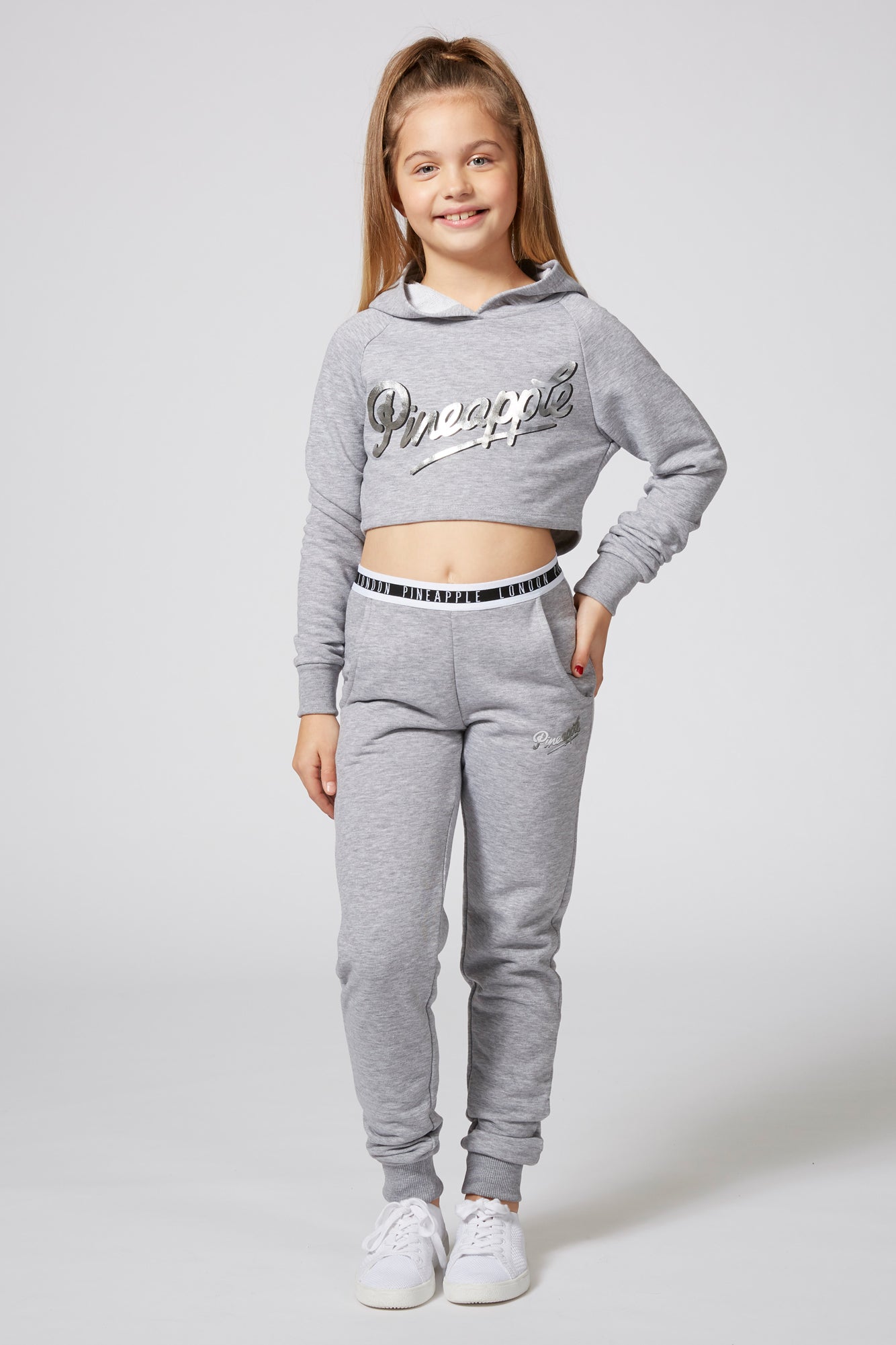 Girl wearing Grey Crop Hoodie