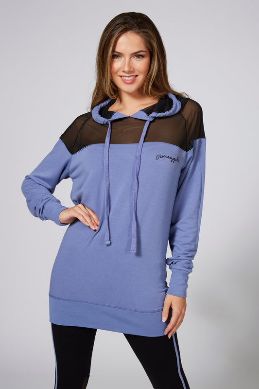 Woman wearing Pineapple Longline Mesh Panel Blue Hooded Top