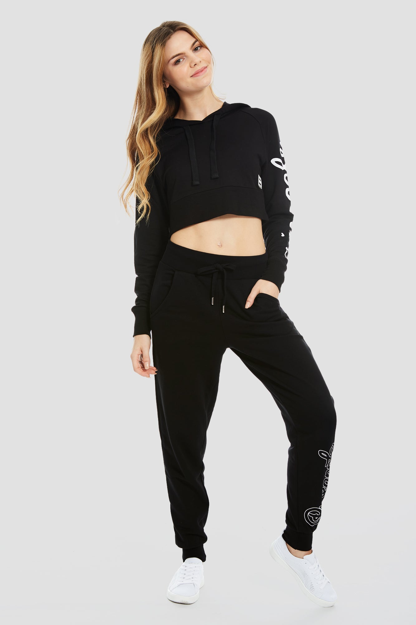 Woman wearing Pineapple Black Script Crop Hoodie Black
