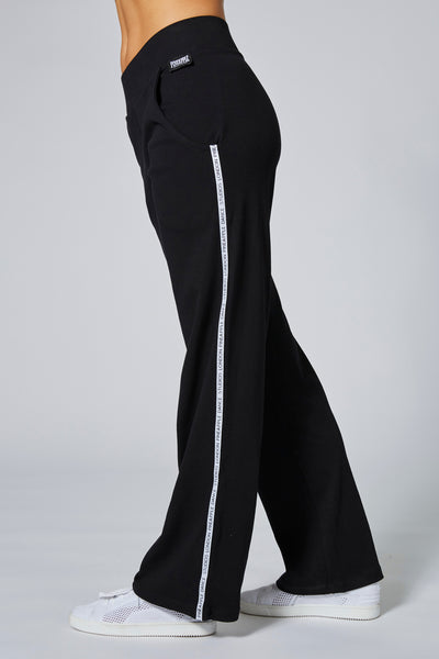 Woman wearing Black Straight Leg Stripe Trousers 